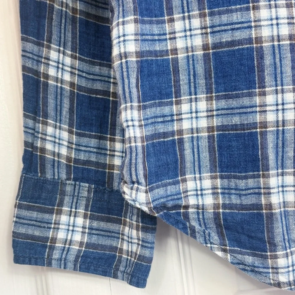 Banana Republic Blue Plaid 100% Linen Camden Standard Fit Shirt Large